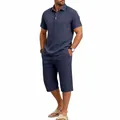 Men's summer cotton linen set featuring short sleeve polo shirt and cropped pants - Navy Blue