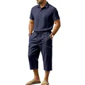 Detailed view of navy blue cotton linen polo shirt and cargo shorts on male model - Navy Blue