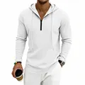 Detailansicht des weißen Waffelstrick-Hoodies für Herren mit halbem Reißverschluss. - S / Top (易CX-84) / Weiß