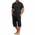 Men's cotton linen two-piece set featuring polo shirt and striped hem pants detail - S / Top And Bottom / Black