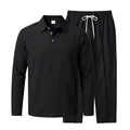 Men's casual black cotton linen two-piece set with long sleeve polo and trousers - S / Top And Bottom / Black