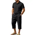 Detail view of men's black cotton linen polo shirt and matching cargo cropped pants set - S / Top And Bottom / Black