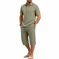 Detailed view of olive green cotton linen polo shirt and cropped pants set - Army Green