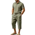 Detail view of men's green cotton linen set featuring polo shirt and cargo shorts - S / Top And Bottom / Army Green