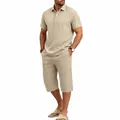 Close-up detail of men's beige cotton linen summer set with pleated hem shorts - S / Top And Bottom / Khaki