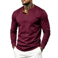 Premium men's burgundy ribbed Henley long sleeve t-shirt with contrast brown placket - S / Tops / Burgundy