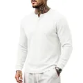 Camiseta Henley blanca de manga larga para hombre con textura de rayas verticales - M / Tops / Blanco