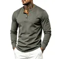 Men's casual long sleeve corduroy Henley shirt in olive green with contrast brown placket - S / Tops / Army Green