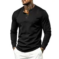 Men's black long sleeve corduroy Henley shirt with contrast brown button placket - S / Tops / Black