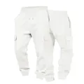 White men's waffle knit cargo joggers with drawstring waist and multi-pocket design - S / White