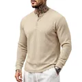 Camiseta Henley de manga larga para hombre en color beige con textura de canalé - M / Tops / Caqui