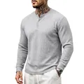 Camiseta Henley gris de manga larga para hombre con textura y cuello redondo abotonado - M / Tops / Gris claro