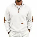 White men's checkered waffle texture half-zip sweatshirt with brown suede elbow patches - S / Tops / White