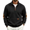Men's black checkered half-zip sweatshirt with elbow patches and kangaroo pocket - S / Tops / Black