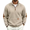 Men's khaki waffle knit half-zip sweatshirt with elbow patches and pocket - S / Tops / Khaki