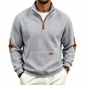 Men's grey quilted half-zip sweatshirt with stand collar and elbow patches - S / Tops / Light Gray