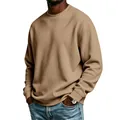 Premium men's basic fleece sweatshirt in khaki color, solid crewneck loose fit warm top - S / Tops / Camel