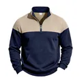 Men's heavy color-block quilted pullover sweatshirt with half-zip and kangaroo pocket - S / Tops / Khaki and Navy