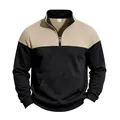 Men's color-block half-zip sweatshirt with quilted texture and kangaroo pocket. - Khaki and Black