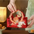 Detailed view of a red Mid-Autumn Festival mooncake gift box with rabbit motifs - Moon Homeland Style / Including Tag and Cord