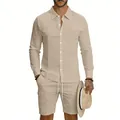Dettaglio completo beige in lino da uomo con camicia a maniche lunghe e pantaloncini - Taglia S / Sopra e Sotto / Cachi