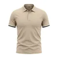 Detail of breathable khaki men's Polo shirt with double striped contrast cuffs - S / Tops / Khaki