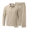 Two-piece men's casual cotton linen shirt and trousers set in sandy beige. - S / Top And Bottom / Sky Blue