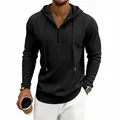 Detailansicht eines schwarzen Waffelstrick-Hoodies mit halbem Reißverschluss. - S / Top (易CX-84) / Schwarz