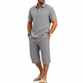 Full body view of a men's grey cotton linen two-piece set with a polo shirt and cropped pants. - S / Top And Bottom / Gray