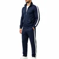 Men's navy blue leisure tracksuit set with white side stripes and stand collar jacket - M / Top And Bottom / Navy Blue