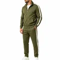 Men's olive green tracksuit set with white side stripes and stand-collar jacket. - M / Top And Bottom / Army Green