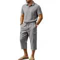Detailed view of men's grey cotton linen polo shirt and matching cargo pants set. - S / Top And Bottom / Dark Gray