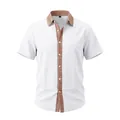 Men's white linen short sleeve shirt with vintage patterned collar and placket detail - S / Tops / White