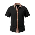 Men's vintage ethnic pattern black linen short sleeve button down shirt variant - S / Tops / Black