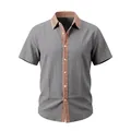 Grey men's short sleeve linen shirt featuring a vintage patterned collar and button placket - Dark Gray