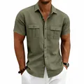 Casual men's olive green short sleeve linen shirt with double cargo pockets for summer - S / Tops / Army Green