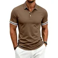 Close-up of a men's coffee polo shirt with striped cuffs and three-button placket - S / Tops / Brown