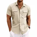 Close-up detail of a men's khaki short sleeve shirt with tactical chest pocket design - Apricot