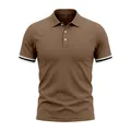 Front view of a brown men's polo shirt with striped cuffs and three-button collar - S / Tops / Army Green