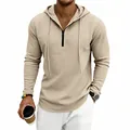 Herren Waffelstrick Hoodie mit halbem Reißverschluss und Kordelzug Langarm Freizeitshirt - S / Top (易CX-84) / Khaki