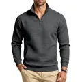 Detalle de sudadera para hombre en gris oscuro con jacquard de cuadros y cuello con cremallera - S / Tops / Gris oscuro