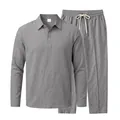 Comfortable grey men's cotton linen two-piece set with long sleeve polo and pants. - S / Top And Bottom / Dark Gray