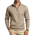 Sudadera caqui con relieve de cuadros, cuello alto con cremallera y bolsillo canguro - S / Tops / Caqui