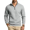 Sudadera gris de hombre con patrón de rejilla, media cremallera y cuello alto casual - S / Tops / Gris claro