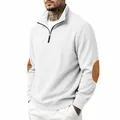 Men's casual white ribbed half-zip sweatshirt featuring stylish brown faux suede elbow patches - S / Tops / White