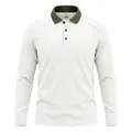 Detail of long-sleeve polo shirt showing contrast olive green ribbed collar and textured fabric. - S / Tops / White
