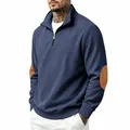 Men's navy blue ribbed half-zip sweatshirt with brown faux suede elbow patches - S / Tops / Navy Blue