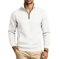 Sudadera blanca de hombre con media cremallera, patrón de cuadros y cuello alto - S / Tops / Blanco