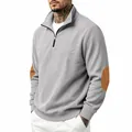Men's casual grey ribbed half-zip sweatshirt featuring stylish brown elbow patches. - S / Tops / Gray