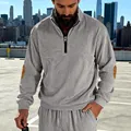 Gedetailleerd overzicht van grijze corduroy sweatshirt met rits en elleboogstukken - S / Tops / Grijs